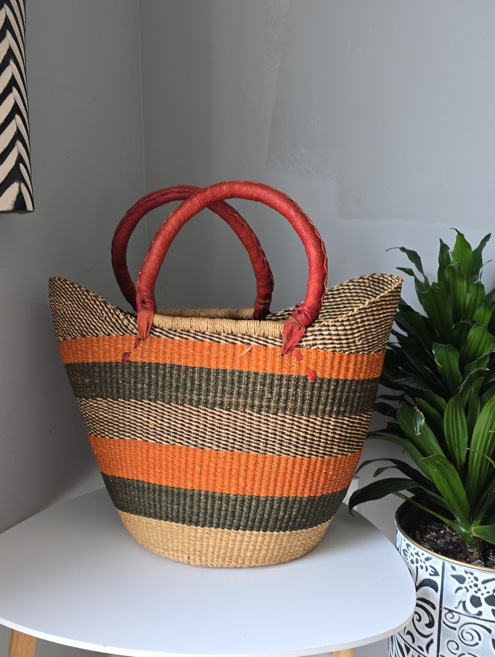 107 Handwoven Orange & Green Storage Basket